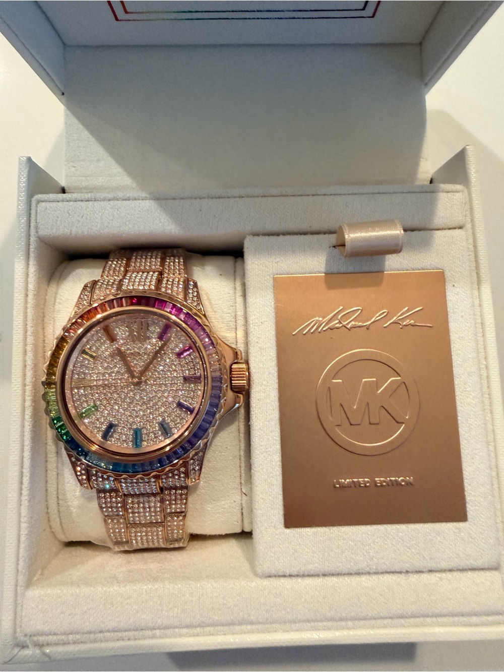 Michael Kors Rose Gold Watch with Rainbow Accents and Pave Crystals